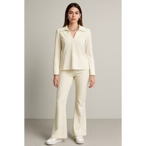 Vintage Manning Silver Cream Pantsuit Set | 70s Disco Blouse & Pants | Y2K Vibes